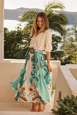 Boheme Breeze Skirt in Cream with Jade Print Linen Blend