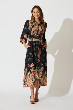 Tamlyn Maxi Shirt Dress in Black Floral Linen Blend