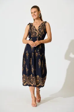 Amabelle Midi Dress in Navy with Tan Boho Linen Blend