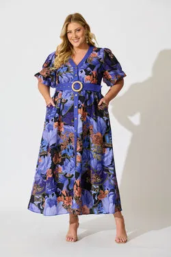 Mystical Bloom Maxi Dress in Blue with Multi Linen Blend