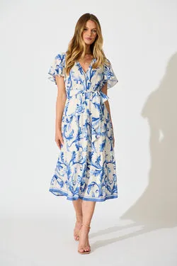 Annalyse Midi Dress in White with Blue Floral