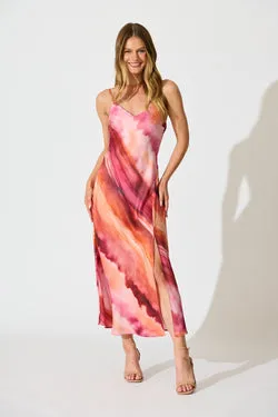 Carmel Maxi Dress in Pink with Red Watercolour Satin