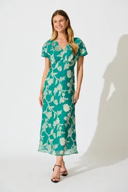 Maelis Maxi Dress in Teal and Gold Burnout Chiffon