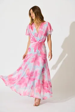 Whisper Lily Maxi Dress in Blue with Blush Floral Chiffon