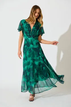 Whisper Lily Maxi Dress in Green Watercolour Chiffon
