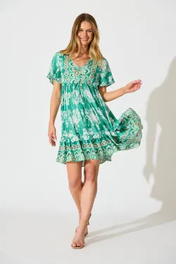 Zanayah Dress in Green with White Boho Print