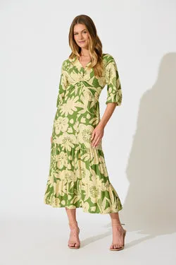 Sonnet Midi Dress in Green with Cream Floral