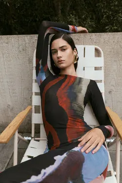 Soraya Long Sleeve Mesh Maxi Dress - Multi Fluid Reverie Print