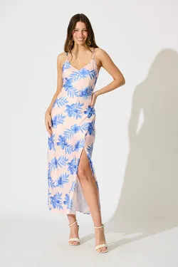 Alliana Maxi Sundress in Blush with Blue Floral Print