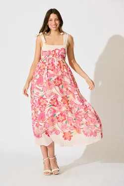 Grazia Maxi Sundress in Cream with Pink Multi Linen Blend