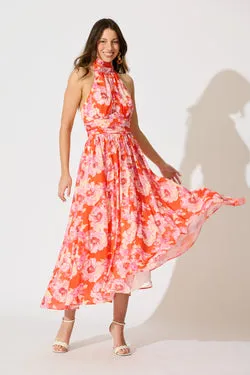 Theodora Halter Neck Maxi Dress In Red Floral Chiffon
