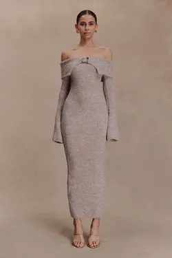Baxter Off Shoulder Fluffy Knit Midi Dress - Taupe Marle