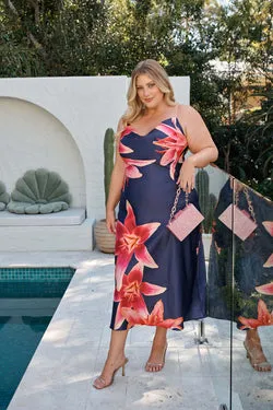 Moonlit Flora Maxi Dress in Navy Floral Satin