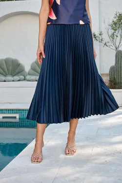 Allison Midi Pleat Skirt In Navy Satin