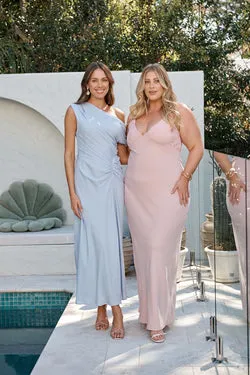 Marielle Off Shoulder Maxi Dress in Dusty Blue Chiffon