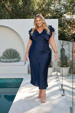 Satin Dream Midi Dress in Navy Satin