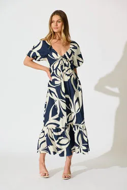 Mirna Maxi Dress in Navy with Cream Leaf Print Cotton