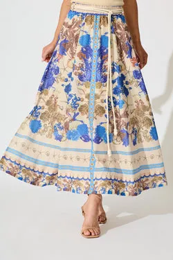Dalton Maxi Skirt in Blue with Multi Floral Placement Cotton Blend