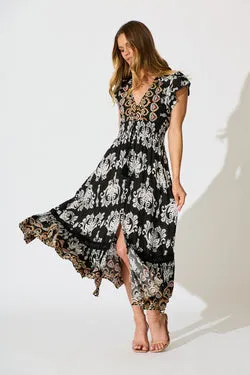 Ilysssa Maxi Dress in Black with White Boho Print