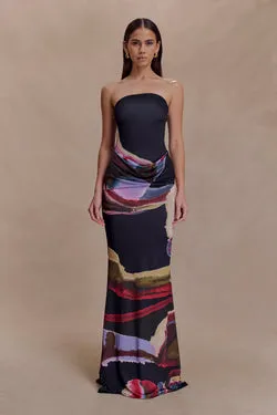 Madison Strapless Slinky Maxi Dress - Multi Fluid Reverie Print