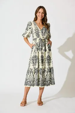 Savannah Song Midi Dress in White with Black Boho Print
