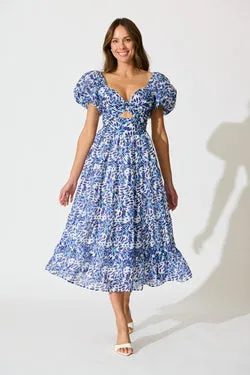 Petals at Dusk Maxi Dress in Blue with Navy Floral Print