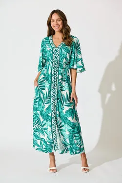 Juni Maxi Dress in Green and White Leaf Print Linen Blend
