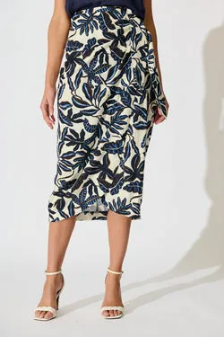 Tanis Midi Wrap Skirt in Navy and Cream Leaf Linen Blend