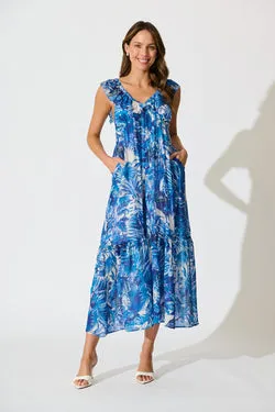 Katriel Maxi Dress in Blue and White Leaf Cotton Blend