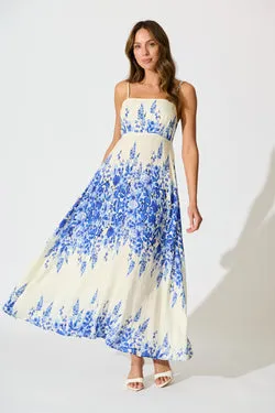 Lulea Maxi Sundress in White with Blue Floral Linen Blend