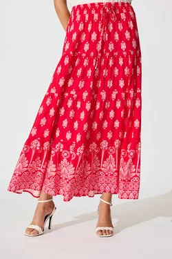 Amadi Maxi Skirt in Red with Pink Boho Print