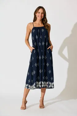 Ovina Maxi Sundress in Navy with White Border Linen Blend