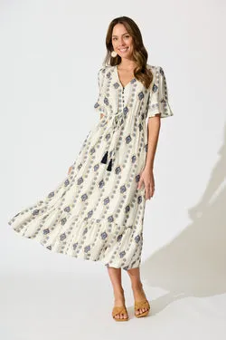 Keri Maxi Dress in Cream and Navy Boho Print