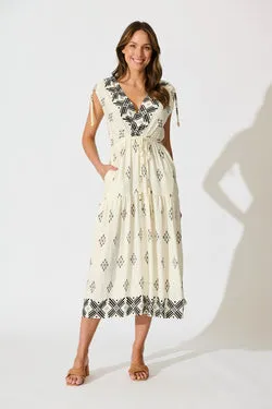 Amabelle Midi Dress in Cream with Black Border Linen Blend