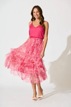 Sky Bloom Midi Skirt in Pink Floral Tulle