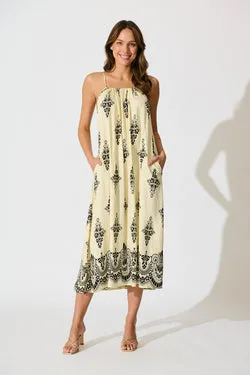 Ovina Maxi Sundress in Cream with Black Border Print Linen Blend