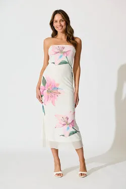 Elowen Midi Dress in White with Lilac Floral