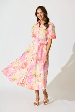 Sunset Bouquet Maxi Shirt Dress in Pink Multi Floral Linen Blend