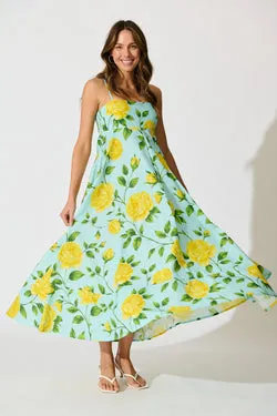 Ruthie Maxi Sundress in Blue with Lemon Yellow Floral Cotton