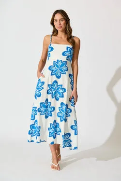 Waverly Maxi Sundress in White with Blue Flower Linen Blend