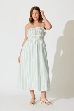 Nya Midi Sundress in White with Light Blue Stripe Cotton Blend