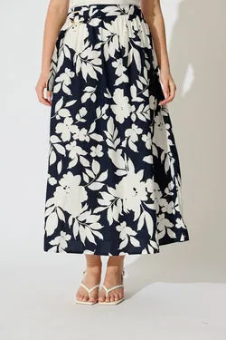 Tyra Maxi Skirt in Navy Floral Cotton Poplin