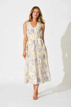 Velaris Midi Dress in Cream with Blue Floral