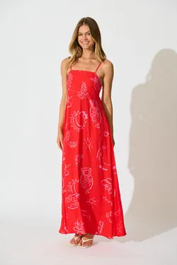 Lavara Maxi Sundress in Red with Pink Print