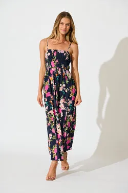 Remina Maxi Sundress in Navy with Pink Floral