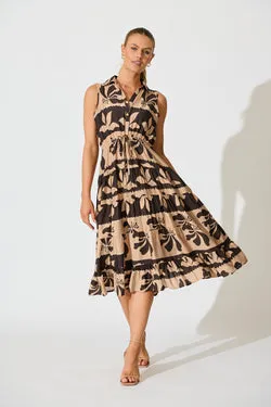 Larah Midi Dress in Brown and Black Linen Blend