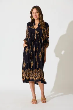 Covey Midi Dress in Navy with Tan Boho Linen Blend