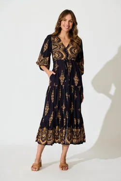 Carwen Maxi Dress in Navy with Tan Boho