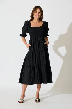Rahima Midi Dress in Black Cotton