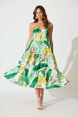 Evangelina Maxi Sundress In Green Tropical Print Linen Blend